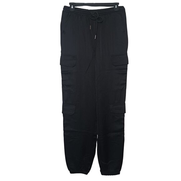 NEW Satin Mid-Rise Cargo Pants, Black Lightweight‎ Joggers Elastic Waist, Size M - Picture 6 of 13